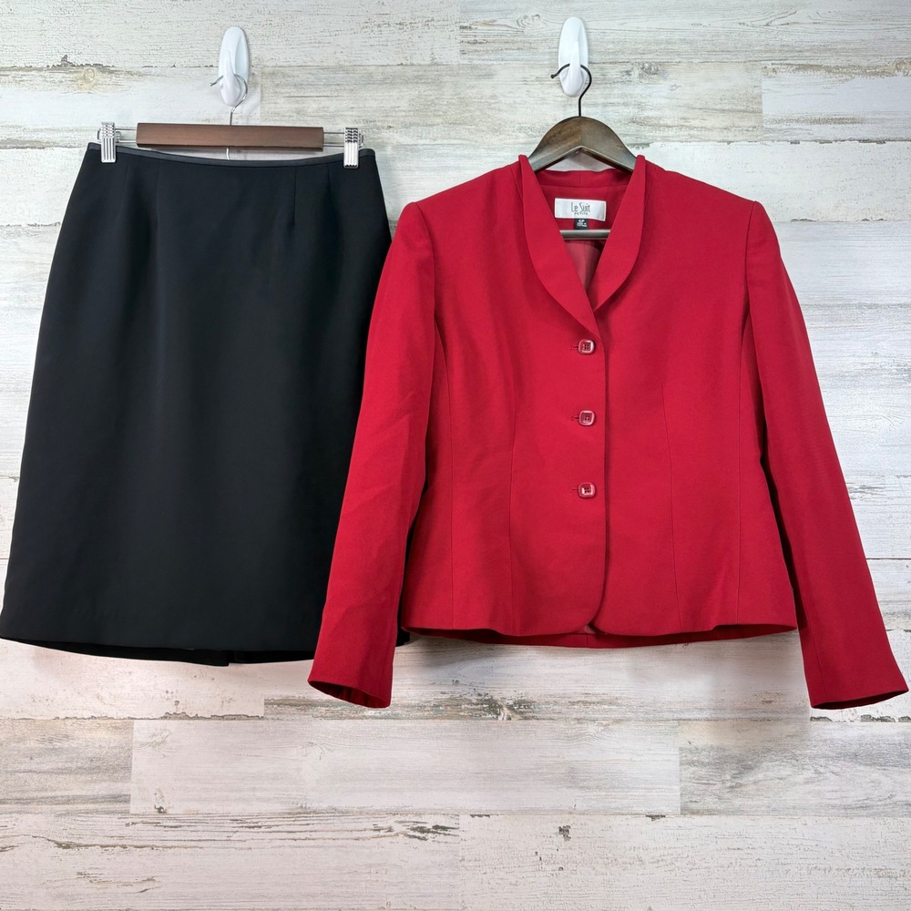 Le Suit Petite Womens 6P Red Blazer Black Skirt Two Piece Professional Suit Set